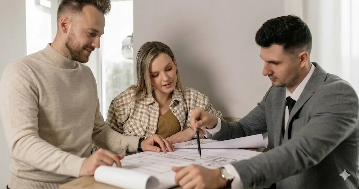Real estate agent showing property blueprint to couple for tax planning and investment decisions